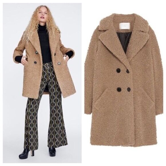 Zara Double-Breasted Teddy Coat in Camel XL - Picture 1 of 14